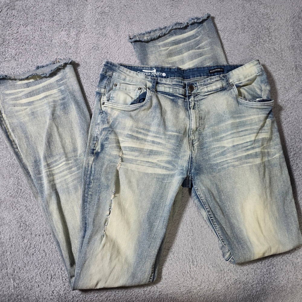 Copper Rivet Mens 42x39 Stacked Fit Jeans Light Ws Distressed Raw Hem Street Y2K